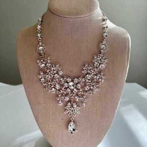 Silver Tone Rhinestone Glam Statement Bib Style Costume Fashion Necklace
